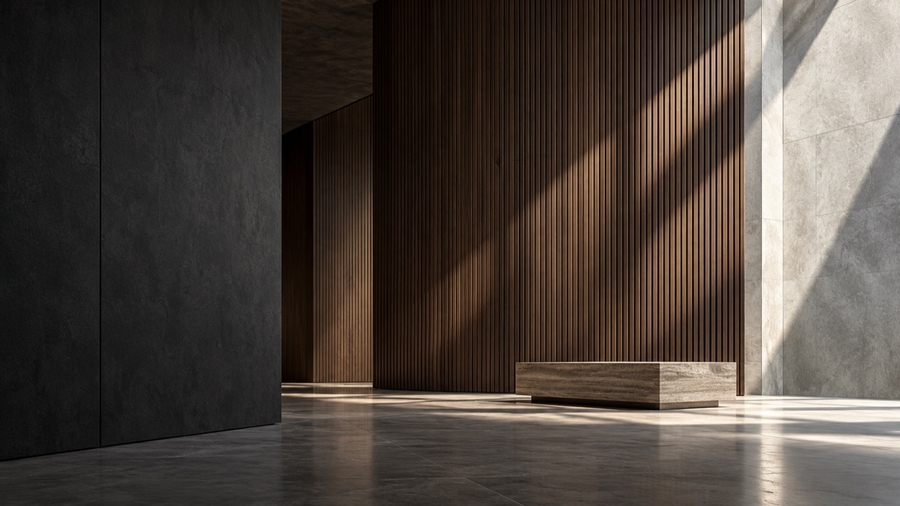 AI concept visualisation of a dark interior with a layered wall surface and warm light.