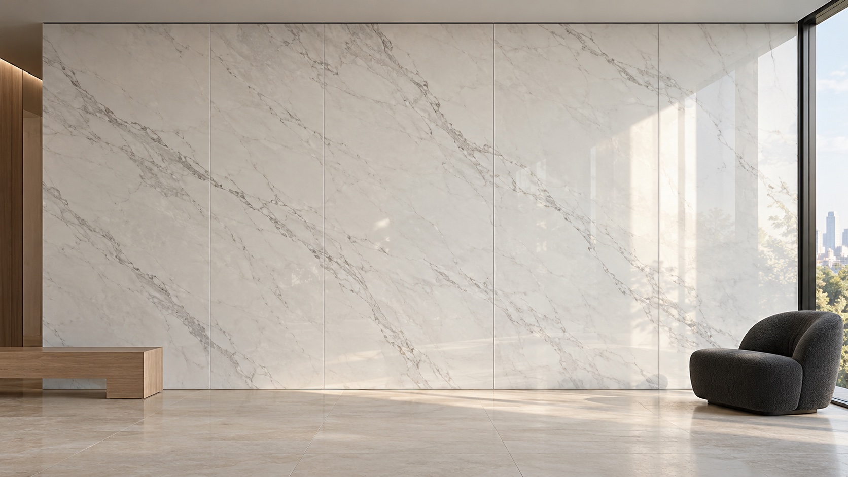 AI concept visualisation of one room with PET decorative panels on the feature wall.