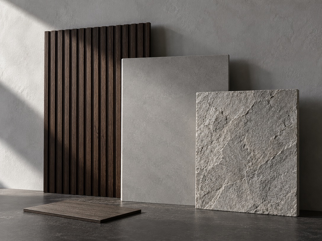 AI concept still life of layered mineral-look and timber-look wall finishes.